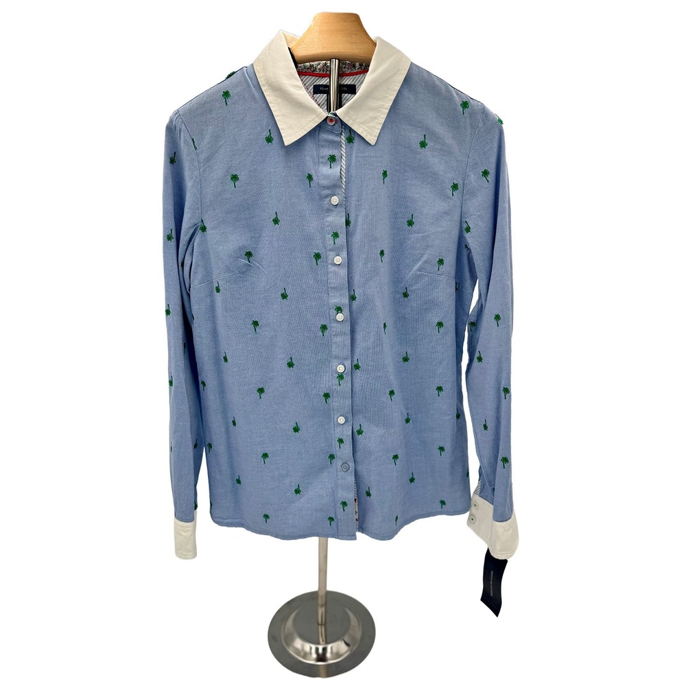 Tommy Hilfiger Womens Palm Tree Embroidered Button Down Shirt Blue White Collar
